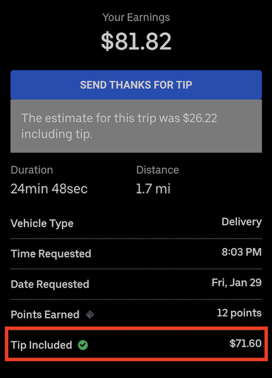 a tip in the uber eats app for $71