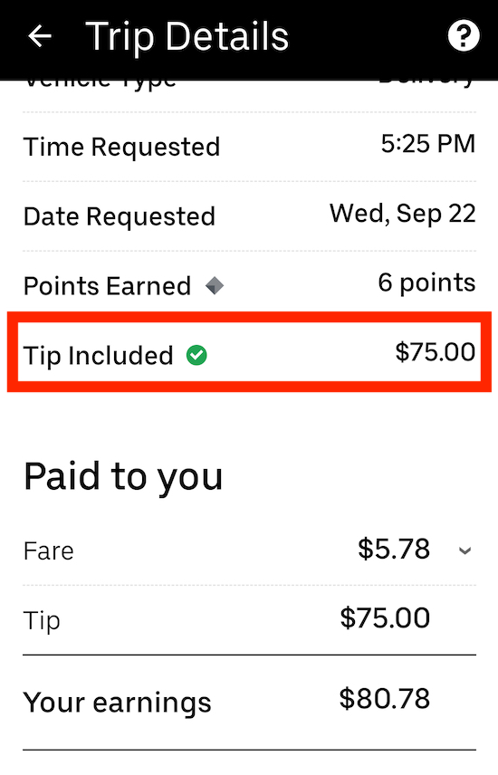 A $75 tip for an uber eats driver
