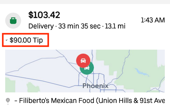 an uber eats order payout with a $90 tip
