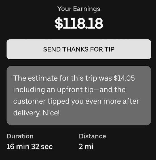 A $118 tip for an uber eats driver