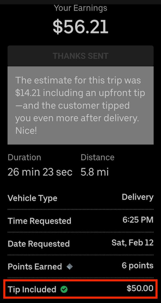A $50 tip for an uber eats driver