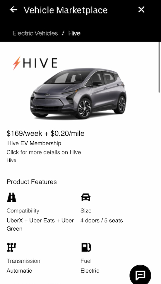 listing for Hive EV rentals in the uber driver app
