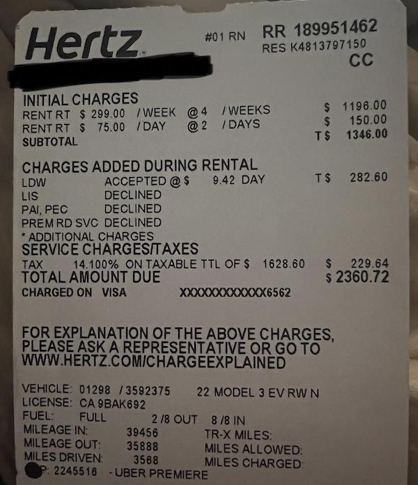 the receipt for a tesla rental for Uber that shows $2300 in charges for one month