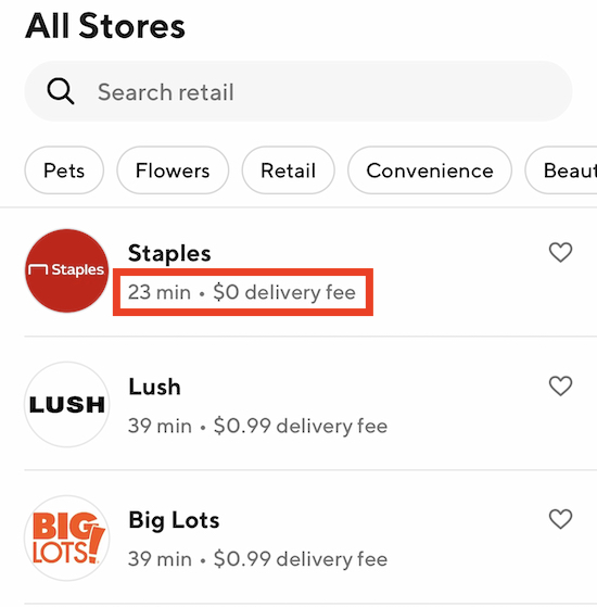 an arrow pointing to the delivery time for staples, 23 minutes