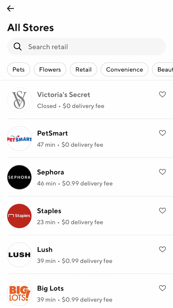 a list of national chains on doordash retail: victoria's secret, petsmart, sephora, staples, and more