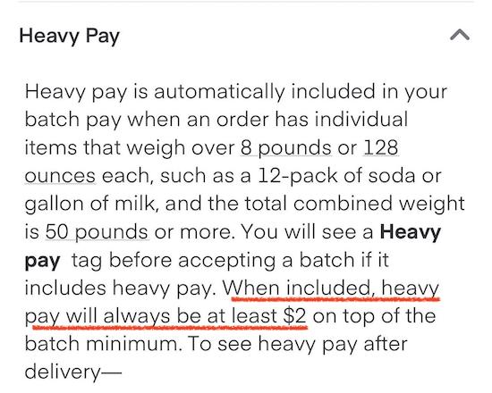 screen from the instacart app explaining that heavy pay is at least $2