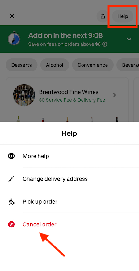 uber eats order screen with an arrow pointing to the cancel order button