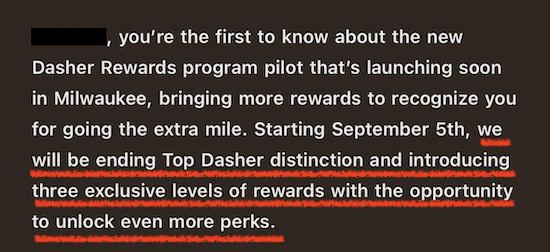 message from doordash that says the dasher rewards pilot is coming to milwaukee