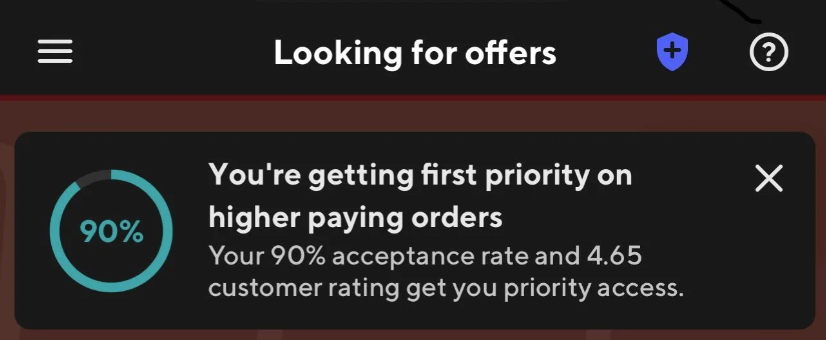 a doordash notification that says a dasher is getting priority access due to their ratings
