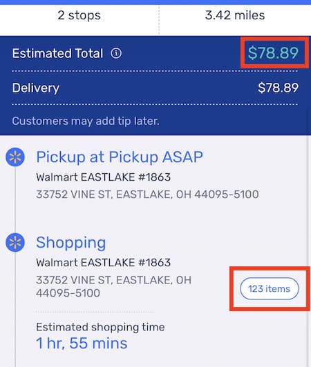 a walmart order that pays $78. there are 123 items in the order