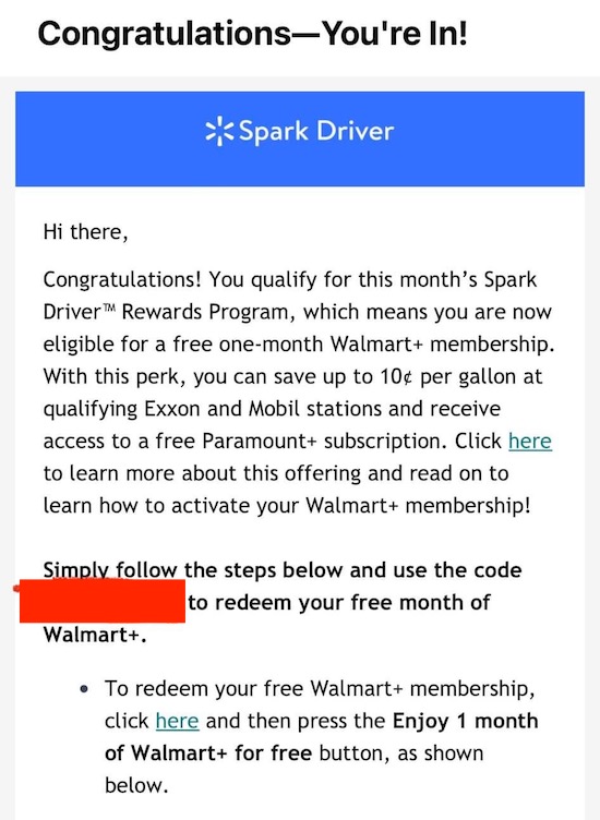 an email from spark with details about a rewards program that gives one month of walmart+