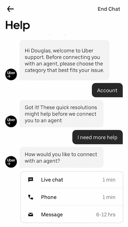 a chat thread with uber support that leads to a phone call option