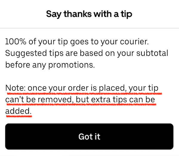 a message from uber warning a customer that they can't lower or remove after a delivery is complete