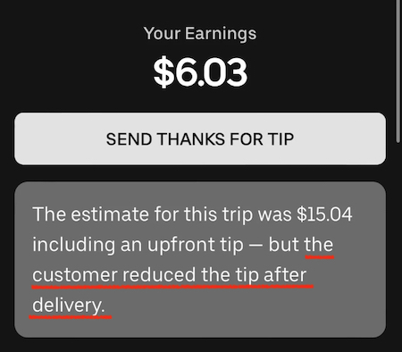 an order payout on uber eats that says the customer reduced the tip