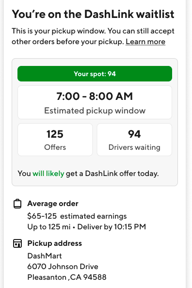the waitlist for dashlink that shows the number of other dashers in line