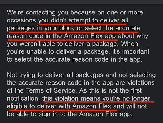 message from flex saying  a driver is deactivated for not attempting to deliver packages