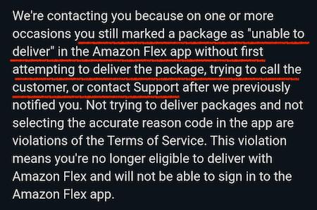 deactivation email from flex. the driver marked too many packages as 'unable to deliver'