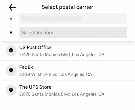 return package interface with 3 options for nearby shipping stores