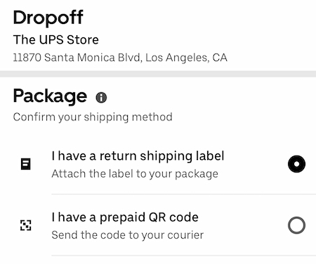 options in uber connect to indicate which shipping label you will use for a return