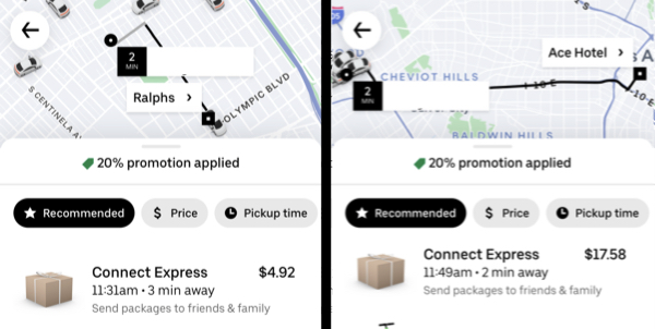 side by side image of two Uber connect deliveries. one for  and one for 