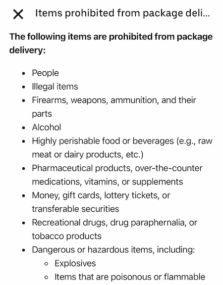 list of prohibited items on uber connect, including illegal items and firearms