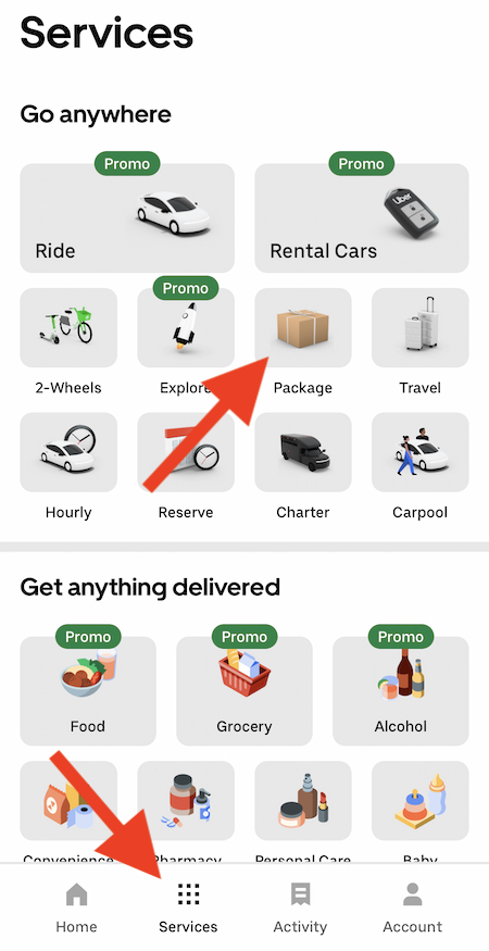 steps in the uber app to find the package delivery service