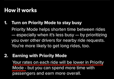 page on lyft with a section underlined that says you earn less per ride in priority mode