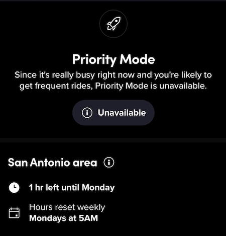 priority mode info screen with showing the number of available hours