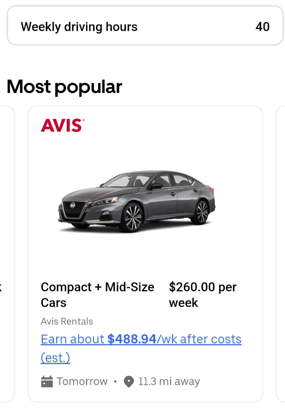 a listing in the uber vehicle marketplace for an avis car