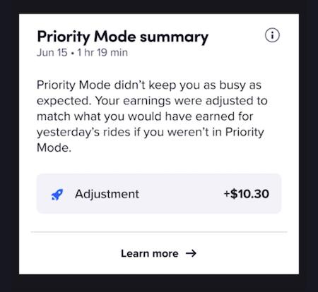 a $10 earnings adjustment for a driver in priority mode