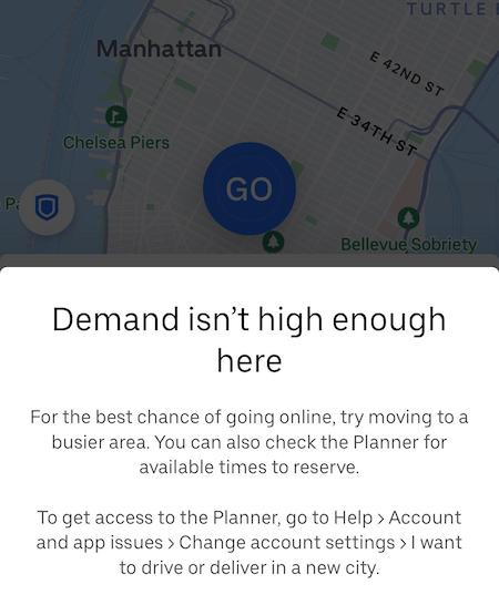 an alert blocking an uber eats driver in NYC from going online
