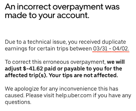 message from uber telling a driver that they were overpaid