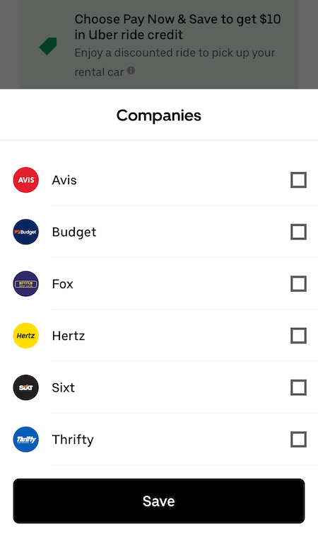 A list of rental car companies in the Uber app, including Hertz and Avis