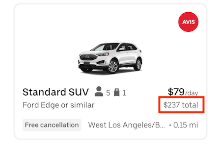 a rental listing for an SUV in the uber app