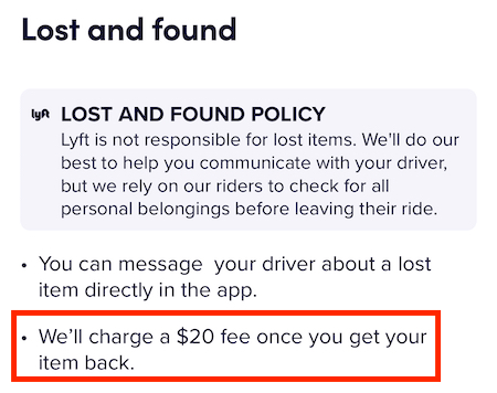 the lost item policy for lyft. pay $20 if a driver returns your item