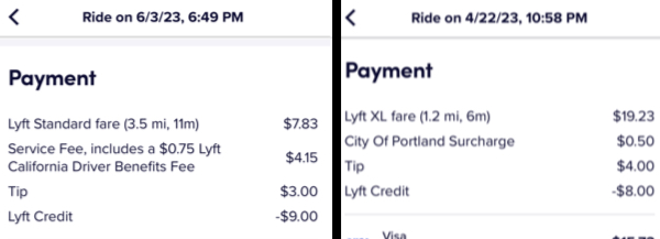 side by side image of two lyft receipts. one lists a service fee, one doesn't