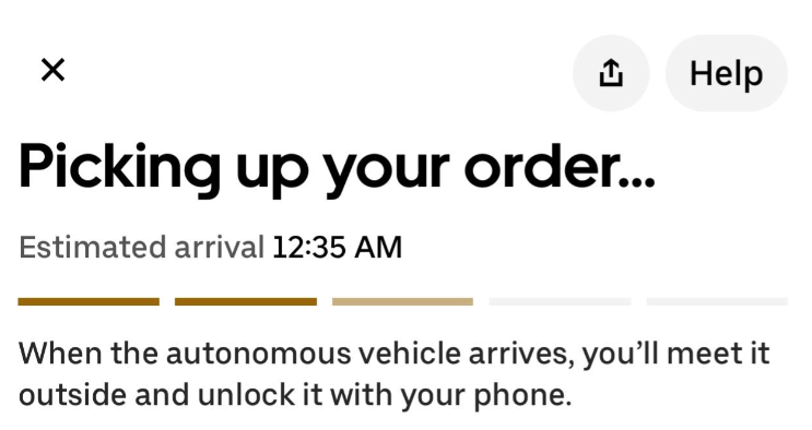 order tracking screen in the uber eats app for an autonomous waymo order