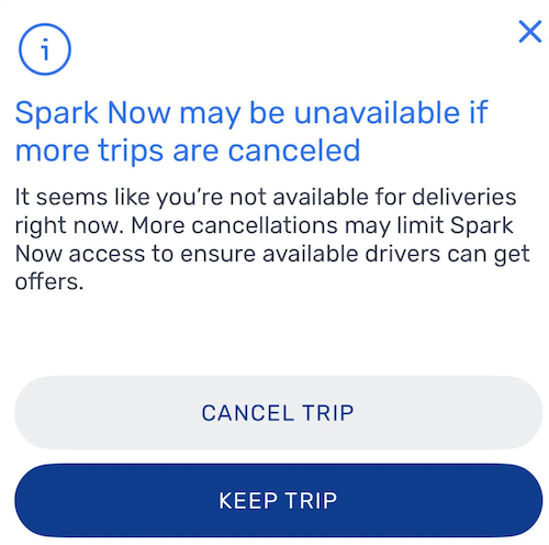 A spark alert that says "Spark now may be unavailable if more trips are cancelled"