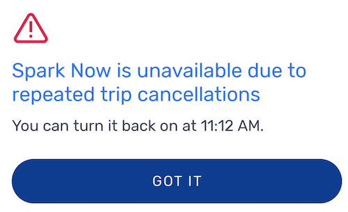 an alert in the spark driver app warning a driver that they can't Spark Now